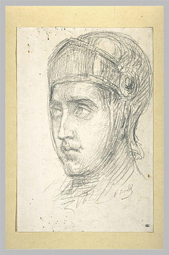 Tête de soldat casquée, de trois quarts à gauche