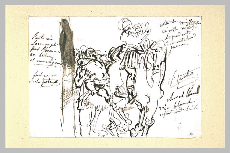 Cavalier et d'autres figures , annotations manuscrites