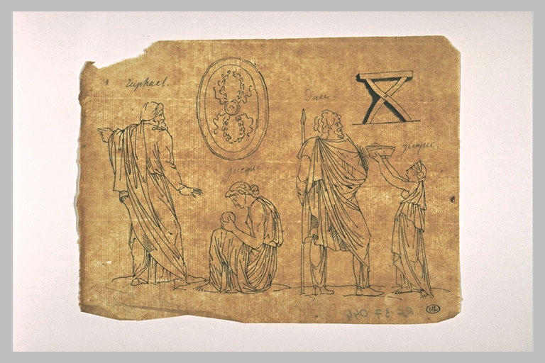 Personnages drapés à l'antique, bouclier, tabouret