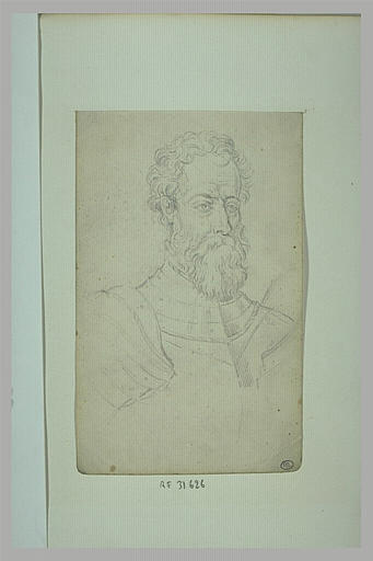 Homme barbu, vu en buste, revêtu d'une cuirasse