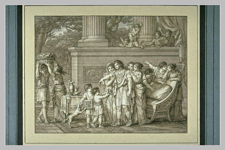 Le père malade s'appuyant sur une canne et soutenu par trois femmes