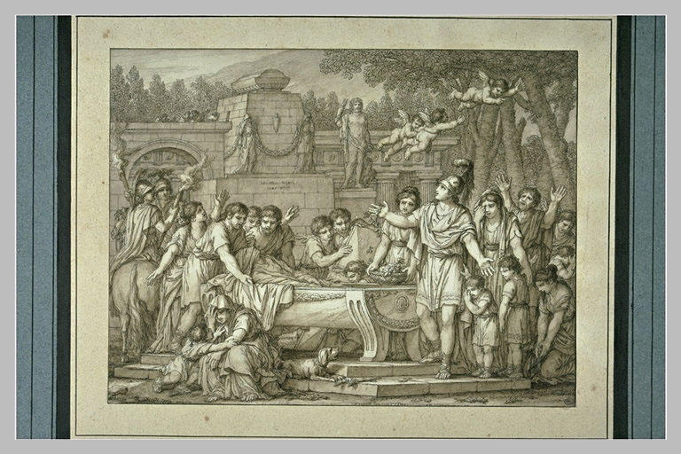 Funérailles du père autour du sarcophage de marbre