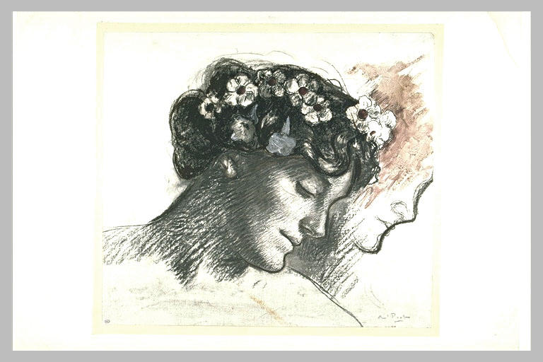 Buste de Marie Piot, tête inclinée vers la gauche de profil, les cheveux...