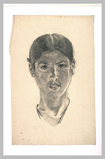 Tête de femme, de face, les cheveux coiffés en bandeaux