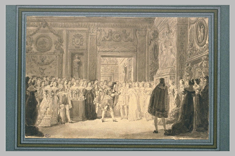 Importante assemblée, vêtue en costumes du XVIIIè siècle, entoure un couple