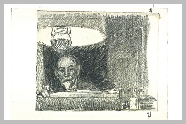 Steinlen dessinant sous une lampe