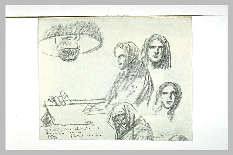 Steinlen dessinant sous une lampe, et croquis de quatre têtes