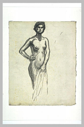 Etude de femme nue, debout, tenant un tissu
