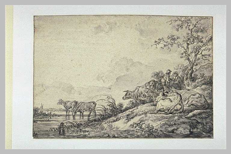 Deux paysans gardant quelques vaches