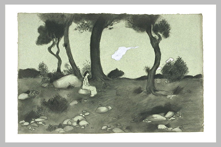 Paysage au petit nuage mauve : jeune fille assise sur un rocher