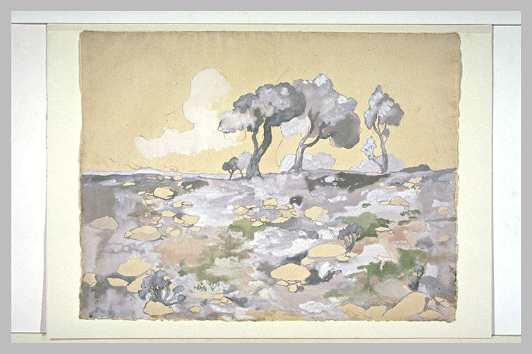 Paysage aux tons nacrés: groupe d'arbres au feuillage dense dans une plaine