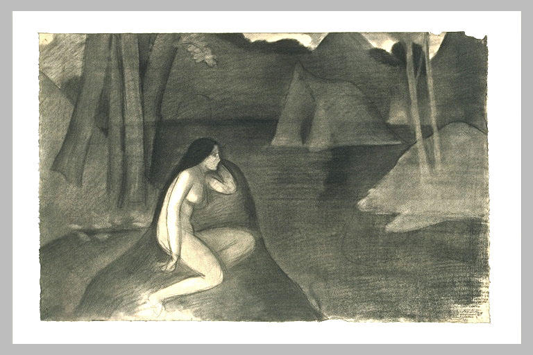 Nu aux rochers : jeune femme nue, assise sur un rocher