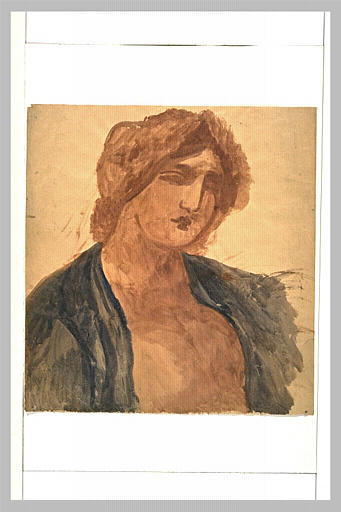 Jeune fille ocre et bleu, vue à mi-corps, la poitrine à moitié nue