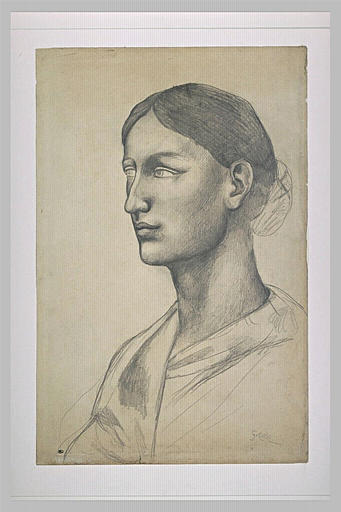 Portrait de femme, en buste, tournée vers la gauche