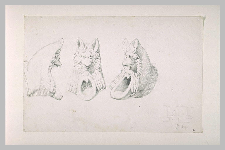 Etudes de plaques de terre cuite et de corniche avec masques de grotesques