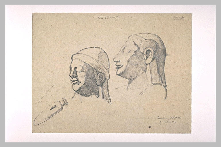 Feuille d'études : vase et têtes de statues étrusques