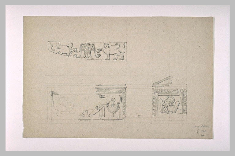 Face, profil et couvercle d'un sarcophage orné d'armes, de sphynges