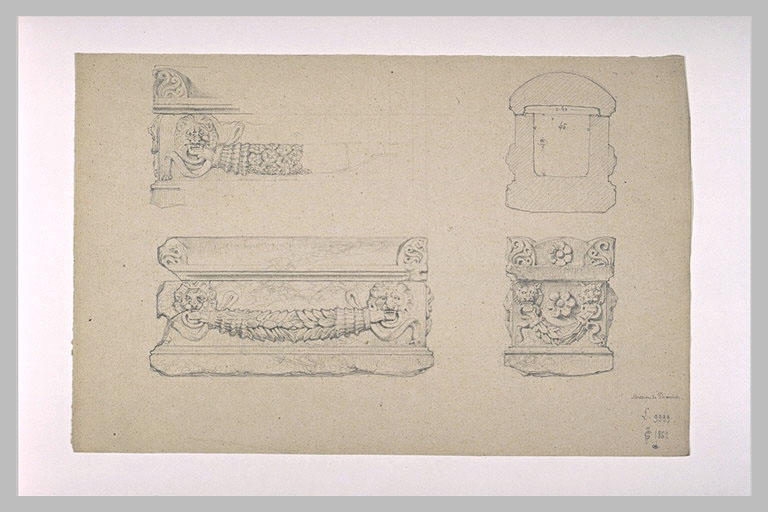 Sarcophage orné vu de face et en coupe