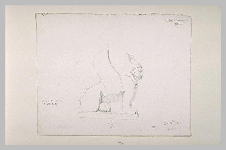 Feuille d'études : sphinx de profil portant la double couronne d'Egypte