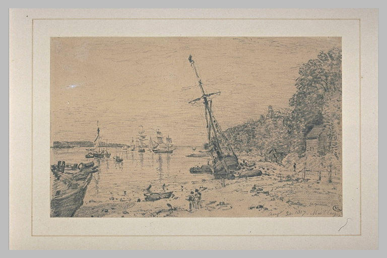 Bateaux sur un fleuve bordé d'arbres