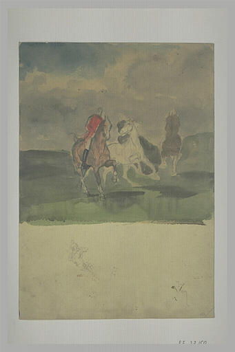 Cavaliers chevauchant dans un paysage ; croquis d'un cavalier
