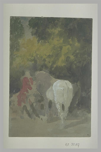 Paysage avec un cavalier auprès d'un cheval