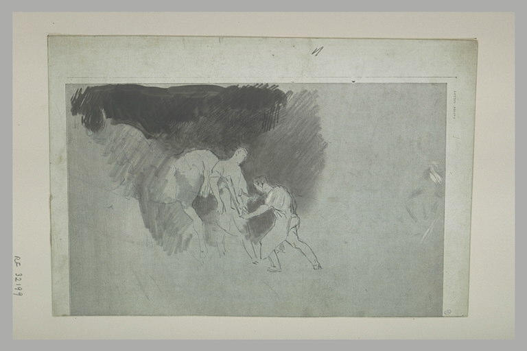 Homme ferrant le pied arrière droit d'un cheval