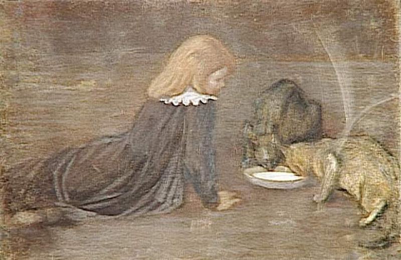 COLETTE STEILEN, FILLE DE L'ARTISTE, ASSISE PAR TERRE REGARDANT BOIRE DEUX CHATS