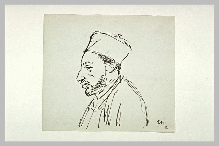 Tête d'oriental, coiffé d'un fez, de profil à gauche