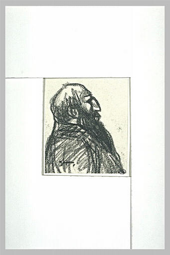 Homme, vu en buste, presque chauve, avec une longue barbe noire