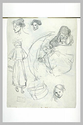 Femme de dos, tenant un carton à chapeaux, femme, et enfant en buste