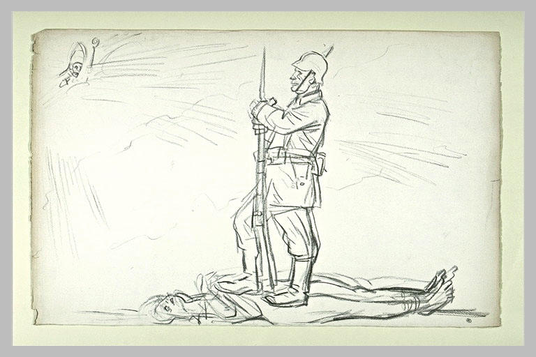 Allégorie de la Guerre : soldat prussien tenant une baïonnette sur une femme