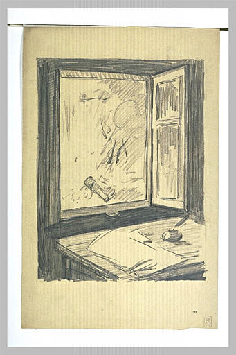 Devant une fenêtre, une table avec des feuilles de papier et un encrier