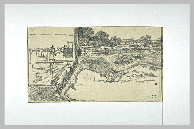 Paysage de campagne : rue de village sur laquelle passe une charrette