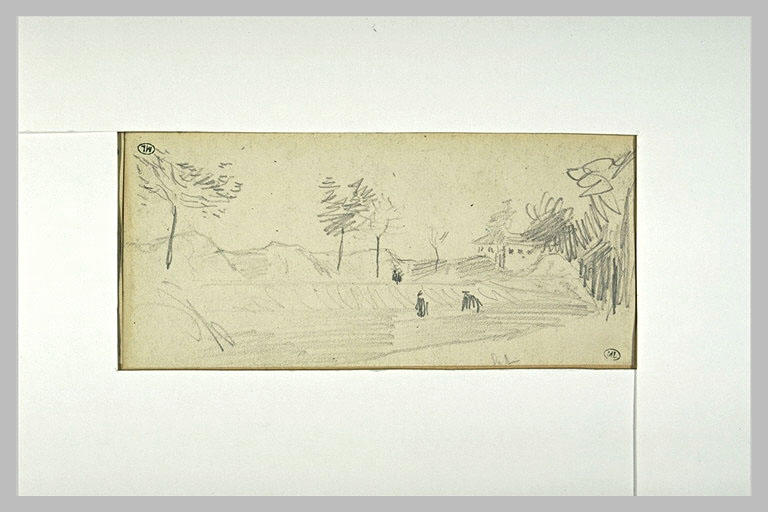 Paysage : route bordée d'arbres sur laquelle se trouvent des personnages