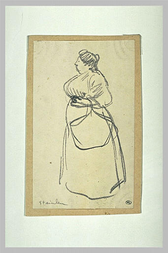 Femme à la forte silhouette, un panier au bras gauche