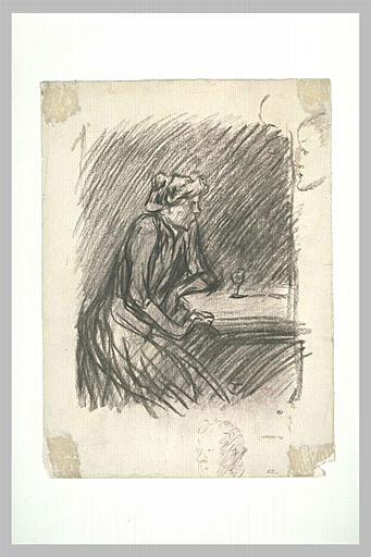 Femme assise, le coude gauche sur une table, devant un verre