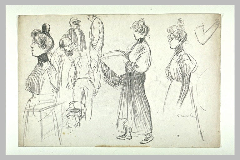 Feuille d'études : blanchisseuses avec un panier et plusieurs personnages