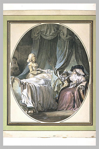 Jeune femme couchée remet avec un geste d'effroi une lettre à une soubrette