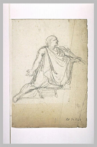 Personnage à genoux, drapé, tourné vers la droite