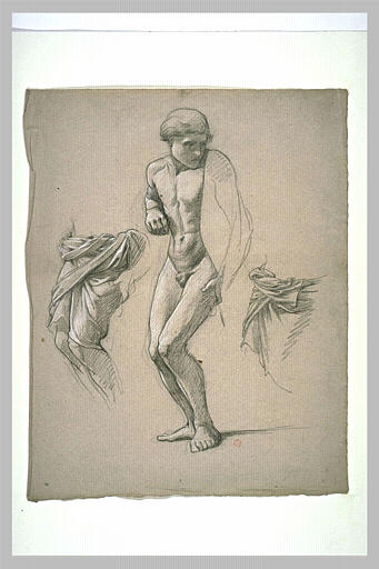 Feuille d'études avec au centre un homme nu, regardant vers la droite
