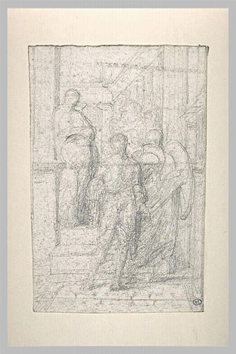 Sujet antique : deux guerriers s'éloignant d'une femme enceinte