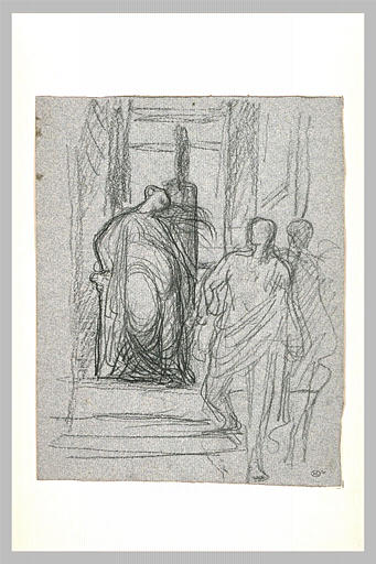 Sujet antique : deux guerriers s'éloignant d'une femme enceinte