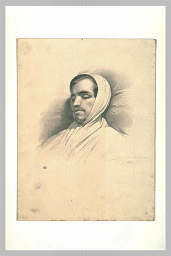 Buste d'un homme, la tête entourée d'un bandage, reposant sur un oreiller