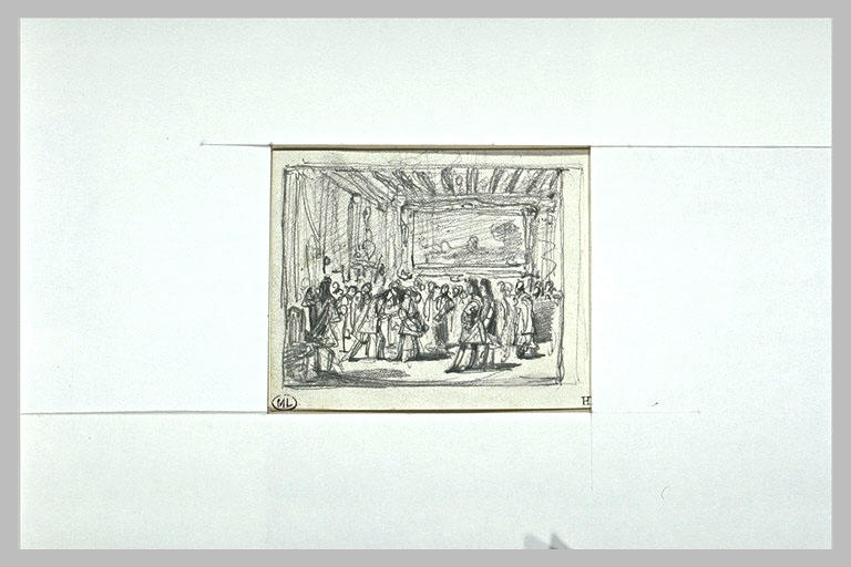 Groupe d'homme en costume Louis XIV dans une salle décorée de boiseries