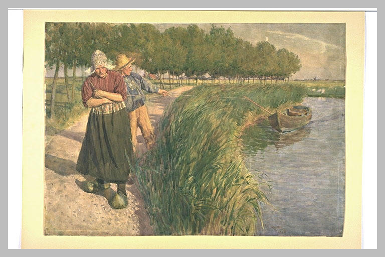 Un couple de paysans hollandais, halent un bateau chargé de lait