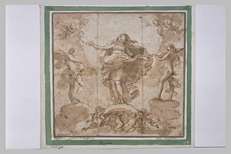 La Vierge debout sur un croissant, les bras écartés, levant les yeux