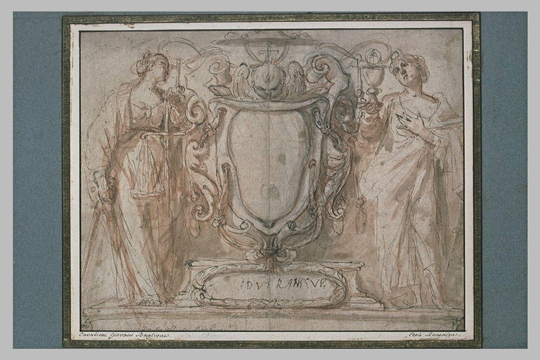 La Foi et la Justice de part et d'autre d'un écusson