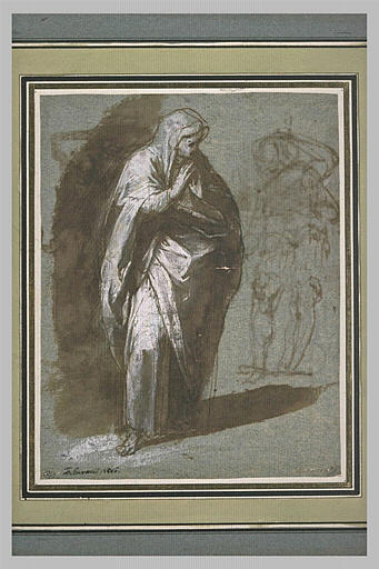 Femme debout, drapée, les mains jointes