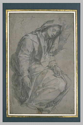 Femme assise, les yeux clos, soutenue par une figure derrière elle